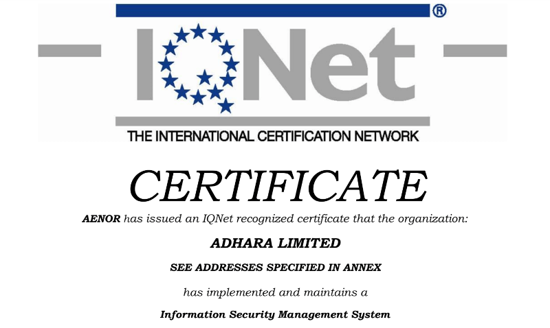 adhara iso certificate